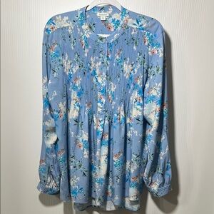 Sundance Blue Floral Pleated Blouse Long Sleeve XL